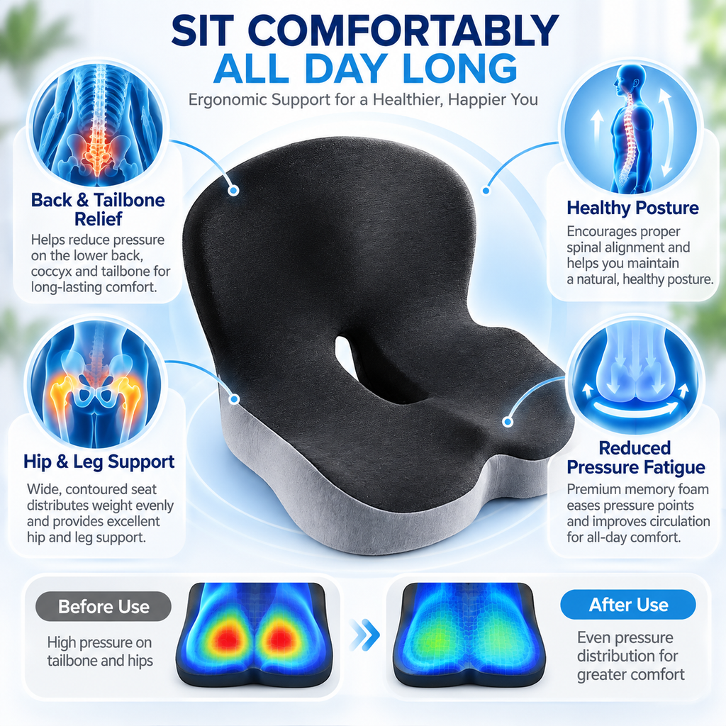 Ergonomic Memory Foam Seat Cushion for Lower Back Comfort